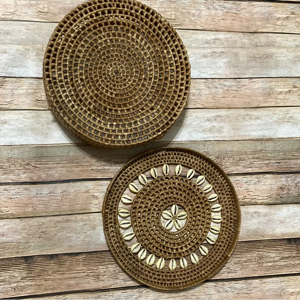 Hand Made 9.5”Round Covered Basket withh Yellow Cowrie Shells from Virgin Island